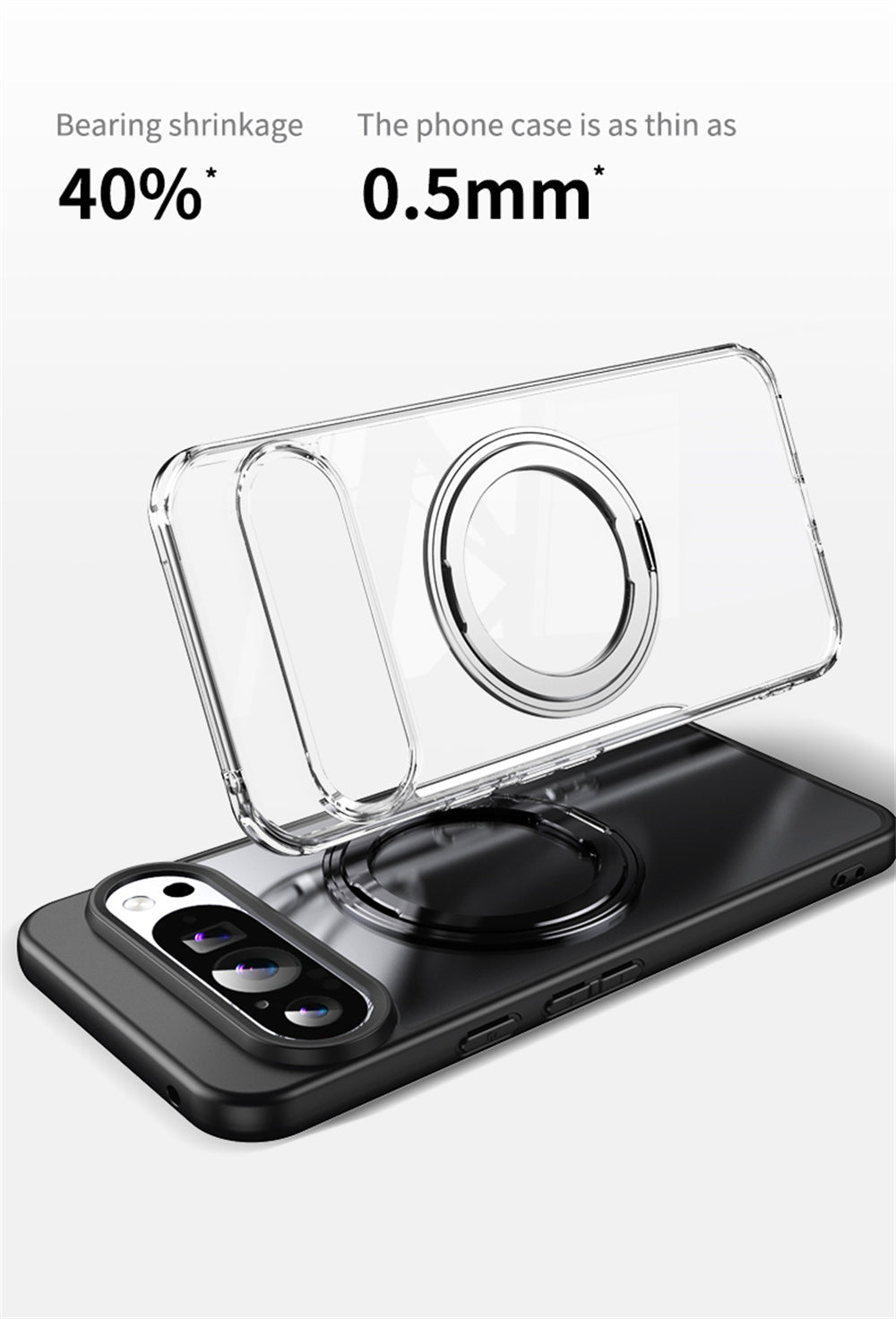 Rotax360 Pixel 10, 9, 8 Clear Magnetic Case with Ring Stand & Military-Grade Protection