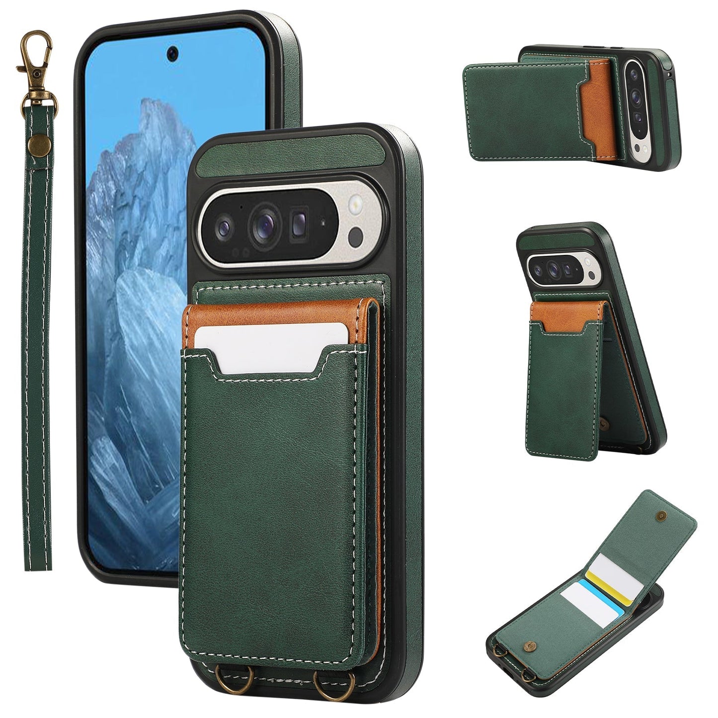 SnapWallet Pixel Leather Card Holder Case with Kickstand & Lanyard