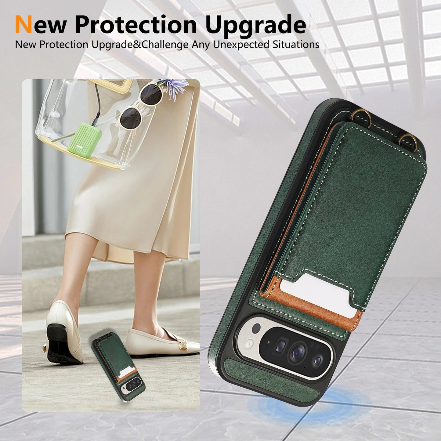 SnapWallet Pixel Leather Card Holder Case with Kickstand & Lanyard